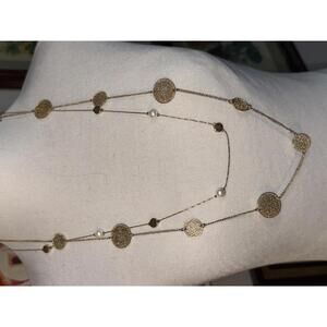 Two Long Gold Tone Necklace with Filigree Discs and Faux Pearls